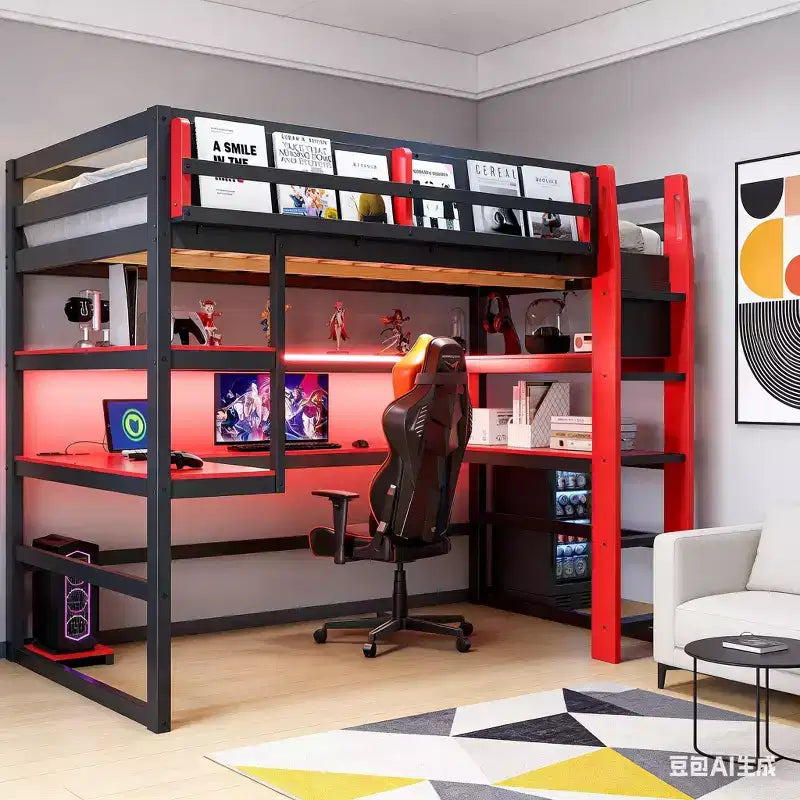 Moderno Letto a Soppalco da Gaming Completo con Scrivania Illuminata, Libreria Contenitore, Mensole e Prese di Corrente