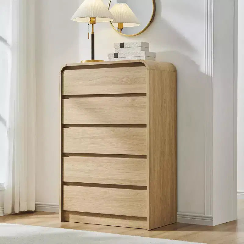 Modern 45 Tall 5-Drawer Dresser with Curved Profile, Mid-Century Wood Chest, Natural Texture for Bedroom/Living Room, Natural Oak