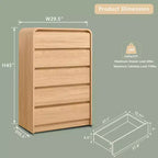 Comò moderno a 5 cassetti, altezza 45, con profilo curvo, mobile in legno di ispirazione metà secolo, trama naturale per camera da letto/soggiorno, rovere naturale