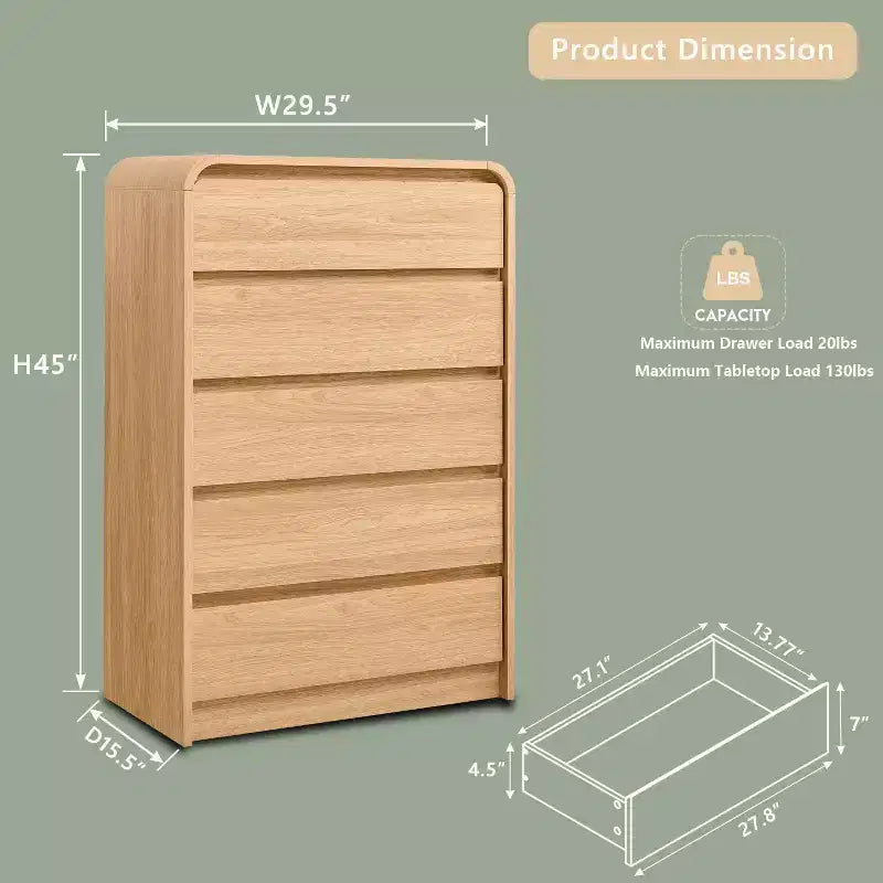 Comò moderno a 5 cassetti, altezza 45, con profilo curvo, mobile in legno di ispirazione metà secolo, trama naturale per camera da letto/soggiorno, rovere naturale