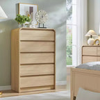 Comò moderno a 5 cassetti, altezza 45, con profilo curvo, mobile in legno di ispirazione metà secolo, trama naturale per camera da letto/soggiorno, rovere naturale
