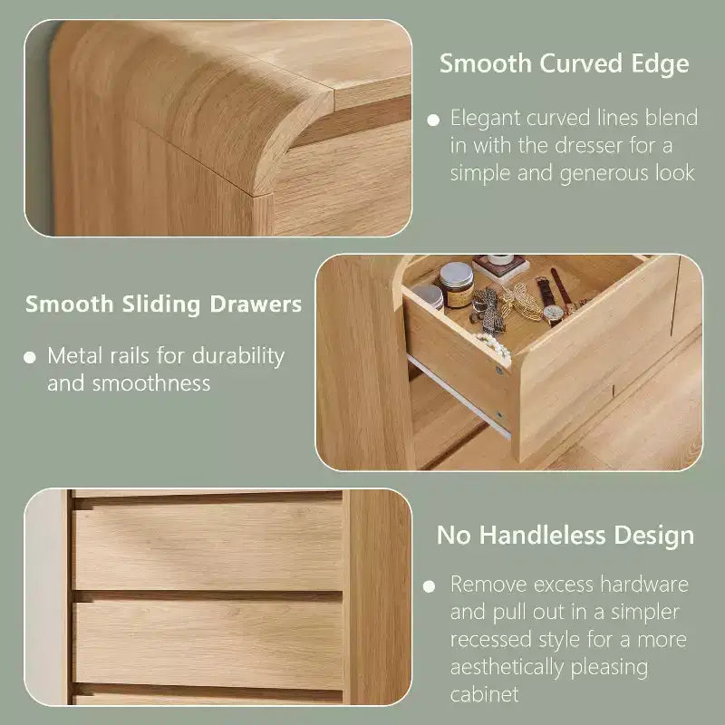 Comò moderno a 5 cassetti, altezza 45, con profilo curvo, mobile in legno di ispirazione metà secolo, trama naturale per camera da letto/soggiorno, rovere naturale