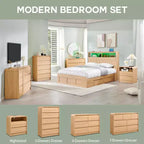 Comò moderno a 5 cassetti, altezza 45, con profilo curvo, mobile in legno di ispirazione metà secolo, trama naturale per camera da letto/soggiorno, rovere naturale