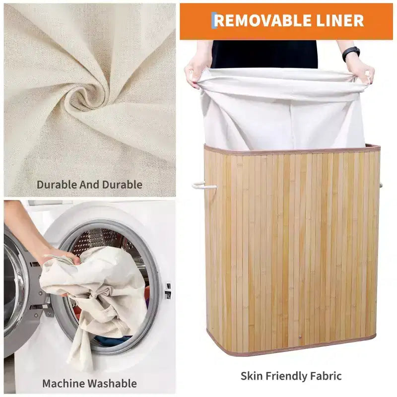 Cesto Portabiancheria in Bambù con Coperchio 104 Litri Cesto Portabiancheria Pieghevole in Legno Borsa Interna Lavabile Contenitore Slim per Camere da Letto Piccole Appartamenti Dormitori