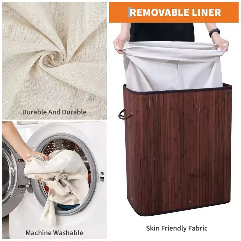 Cesto Portabiancheria in Bambù con Coperchio 104 Litri Cesto Portabiancheria Pieghevole in Legno Borsa Interna Lavabile Contenitore Slim per Camere da Letto Piccole Appartamenti Dormitori