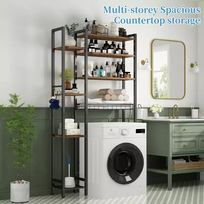 Mobiletto salvaspazio da bagno a 8 ripiani sopra il WC con cestello laterale, scaffale sopra il WC con ripiani regolabili e cestello di scarico