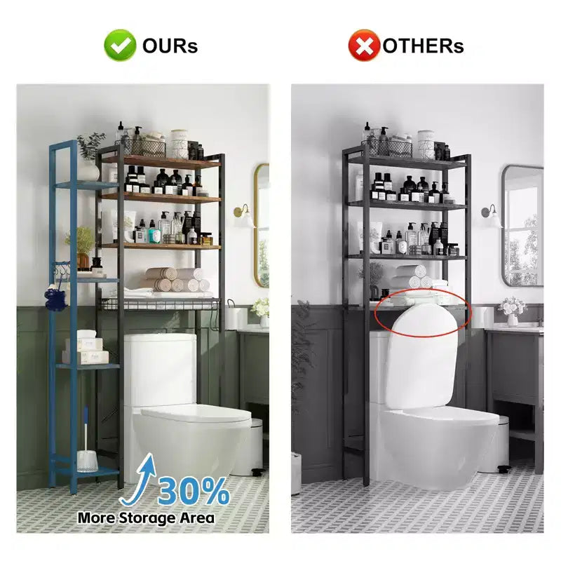 Mobiletto salvaspazio da bagno a 8 ripiani sopra il WC con cestello laterale, scaffale sopra il WC con ripiani regolabili e cestello di scarico