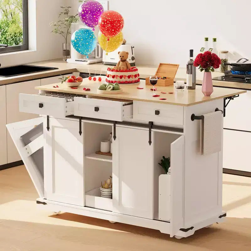 Isola da cucina da 54" con presa elettrica, anta ribaltabile e armadietto per la spazzatura, carrello da cucina con 2 ante scorrevoli a fienile, 3 cassetti, grande tavolo da bar per caffè