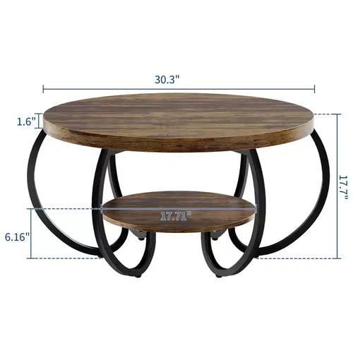 Tavolino da caffè rotondo rustico da 30 pollici con ripiano portaoggetti, tavolino centrale a 2 livelli in legno con gambe in metallo curve, per soggiorno, piccoli spazi