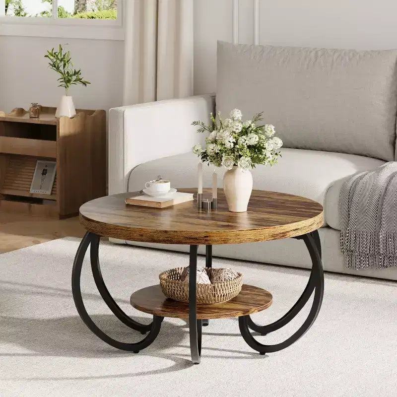 COZONY 30 Round Farmhouse Coffee Table with Storage Shelf, 2 Tier Rustic Wood Center Table with Curved Metal Legs, Living Room, Small Spaces