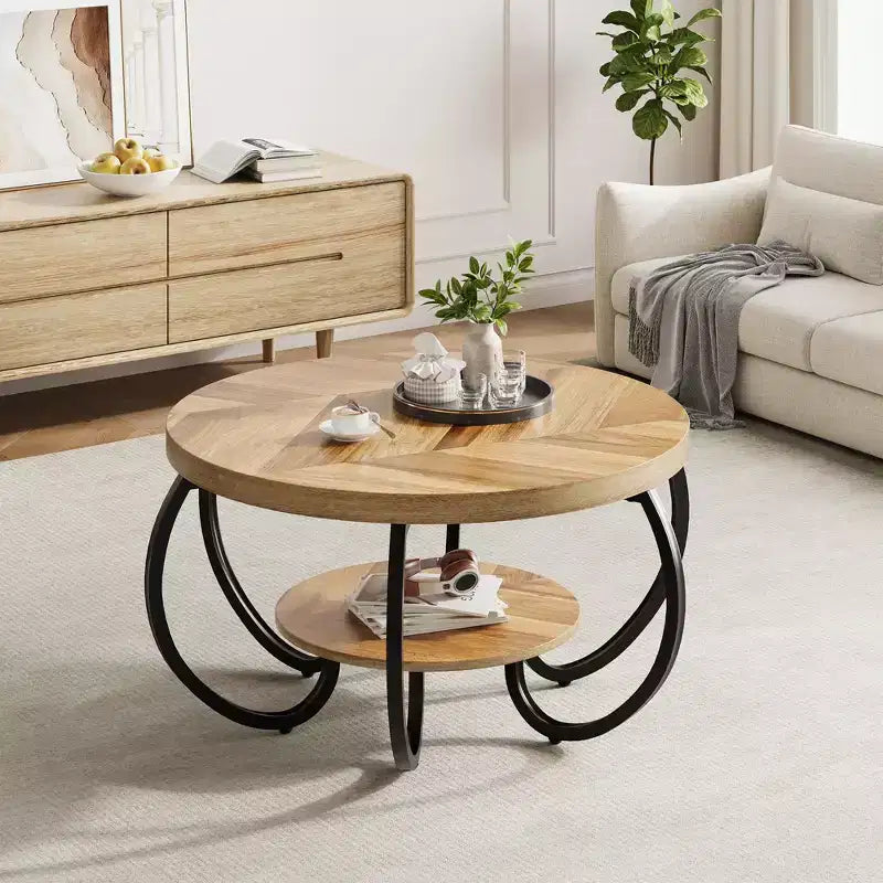 Tavolino da caffè rotondo rustico da 30 pollici con ripiano portaoggetti, tavolino centrale a 2 livelli in legno con gambe in metallo curve, per soggiorno, piccoli spazi