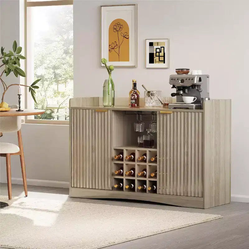 Mobile Bar per Vino da 47" con 9 Portabicchieri, Mobile Bar per Liquori/Caffè Scanalato con Contenitore per Sala da Pranzo, Credenza a Buffet per Soggiorno