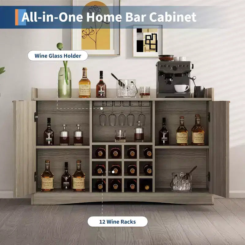 Mobile Bar per Vino da 47" con 9 Portabicchieri, Mobile Bar per Liquori/Caffè Scanalato con Contenitore per Sala da Pranzo, Credenza a Buffet per Soggiorno