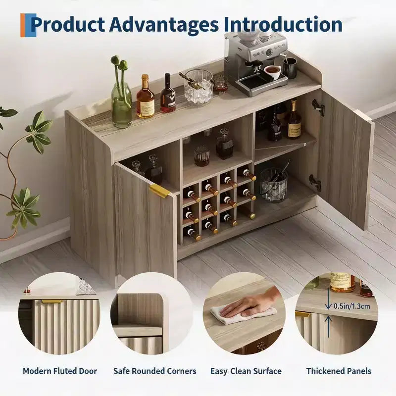 Mobile Bar per Vino da 47" con 9 Portabicchieri, Mobile Bar per Liquori/Caffè Scanalato con Contenitore per Sala da Pranzo, Credenza a Buffet per Soggiorno