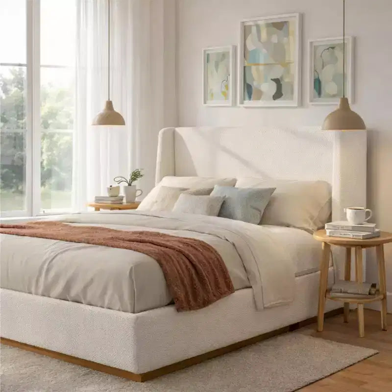 Letto a piattaforma imbottito Wingback di lusso, struttura letto Queen/King Size con gambe in legno massello di gomma, bianco