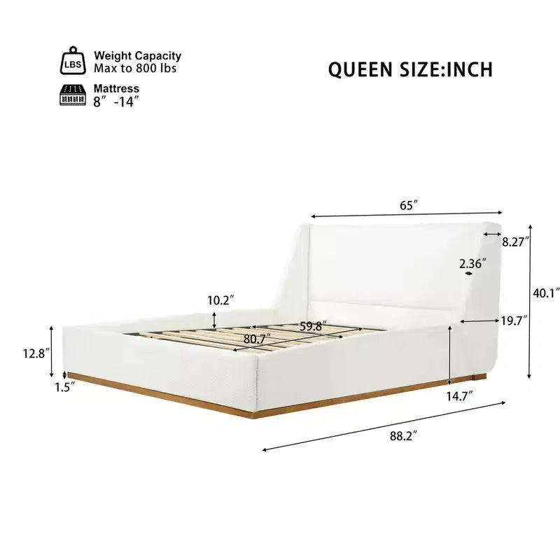 Letto a piattaforma imbottito Wingback di lusso, struttura letto Queen/King Size con gambe in legno massello di gomma, bianco