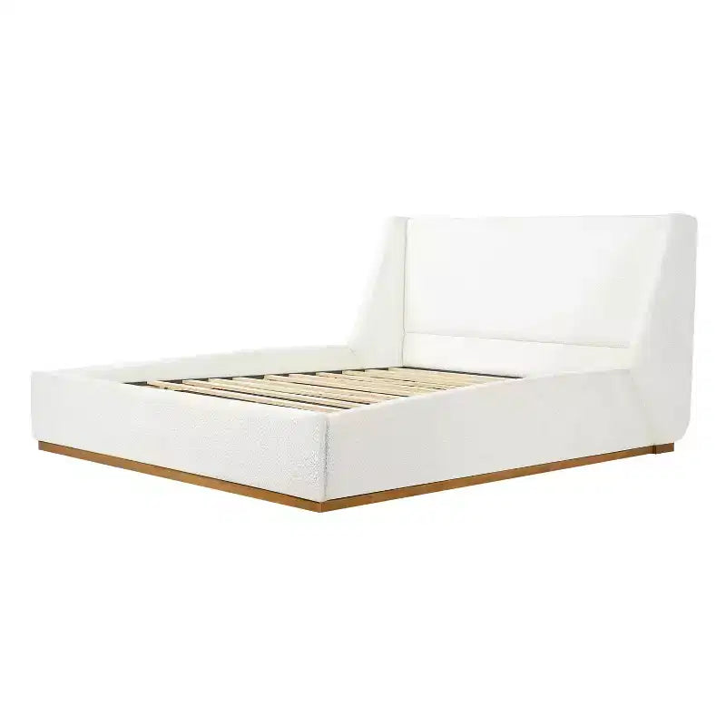 Letto a piattaforma imbottito Wingback di lusso, struttura letto Queen/King Size con gambe in legno massello di gomma, bianco