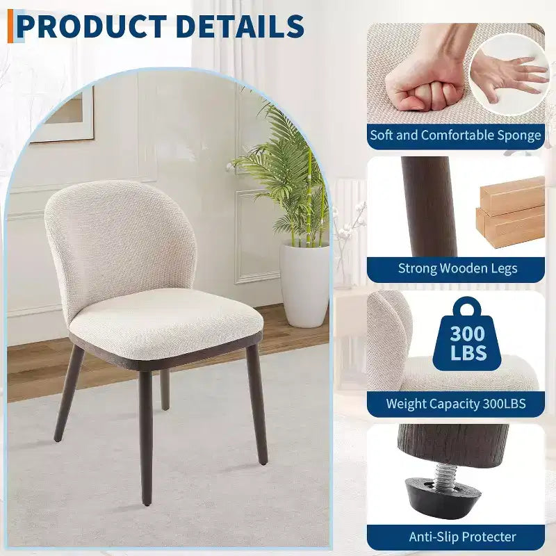 Sedie da pranzo moderne imbottite confezione da 2, schienale ergonomico, gambe robuste in legno, capacità 120 kg, comode sedute per cucina o ristorante, lino