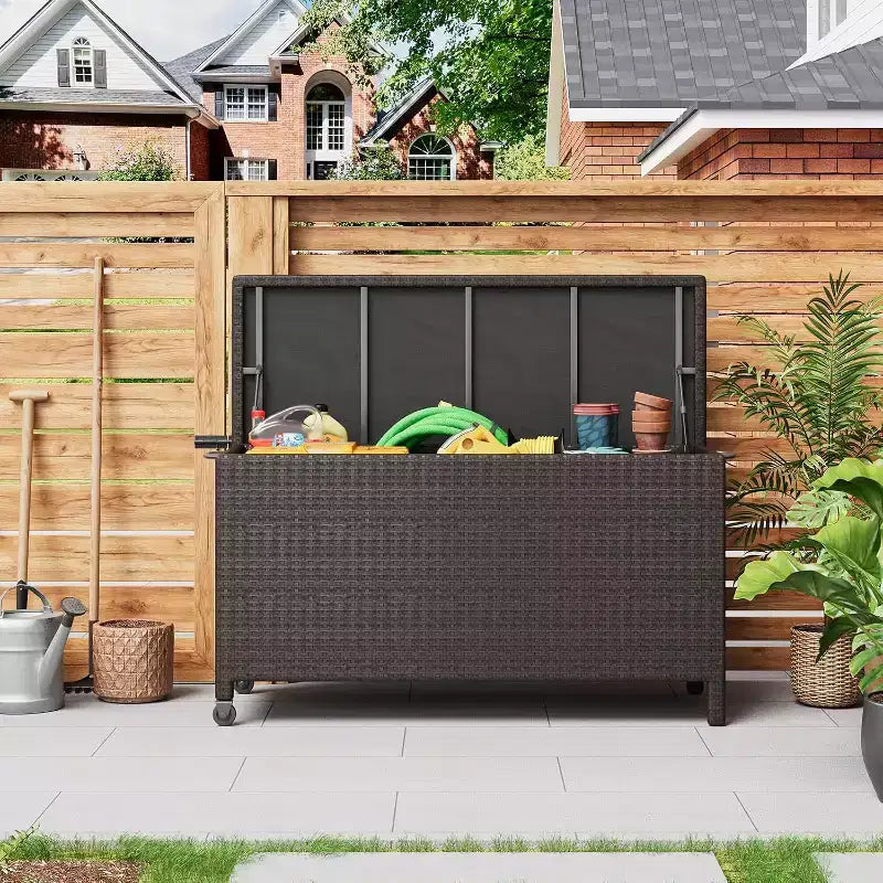 Cassa per esterni in vimini da 125 galloni, Contenitore da giardino impermeabile per tutte le stagioni con finitura in rattan PE e telaio in acciaio, per cuscini, attrezzi da giardino