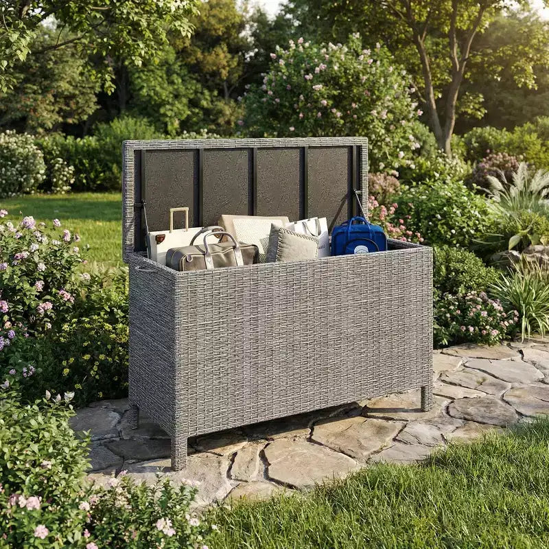 Cassa per esterni in vimini da 125 galloni, Contenitore da giardino impermeabile per tutte le stagioni con finitura in rattan PE e telaio in acciaio, per cuscini, attrezzi da giardino
