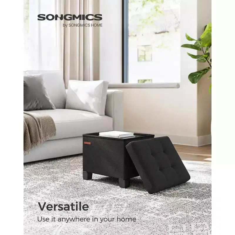 Pouf Contenitore con Vassoio, Poggiapiedi in Similpelle con Spazio Interno