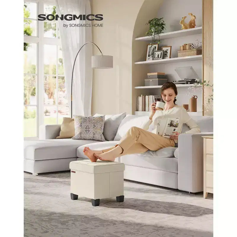 Pouf Contenitore con Vassoio, Poggiapiedi in Similpelle con Spazio Interno