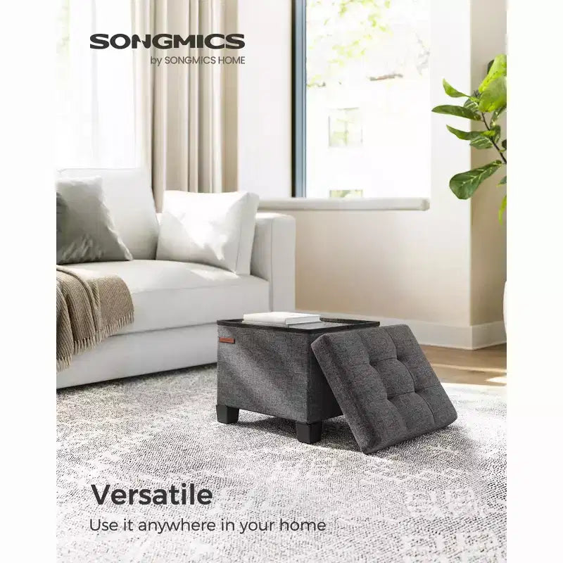 Pouf Contenitore con Vassoio, Poggiapiedi in Similpelle con Spazio Interno