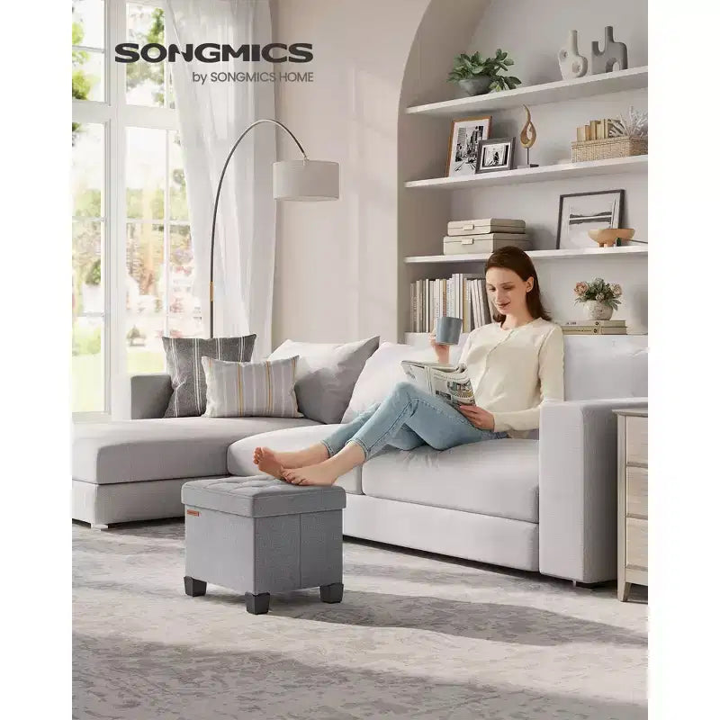 Pouf Contenitore con Vassoio, Poggiapiedi in Similpelle con Spazio Interno