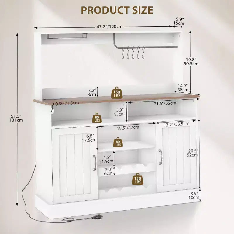 Mobile bar da caffè rustico 119 cm, in MDF con prese di corrente, portabottiglie, Nero
