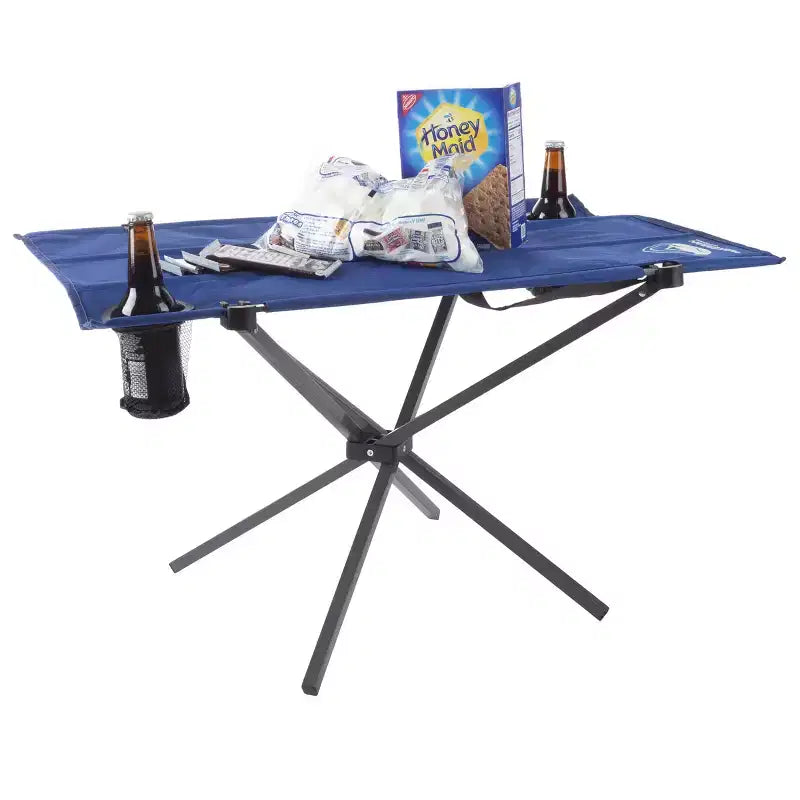 Tavolo Pieghevole da Campeggio per Esterni con 2 Portabicchieri e Borsa per il Trasporto - Per Campeggio, Escursioni, Spiaggia, Picnic o Eventi Sportivi (Blu)