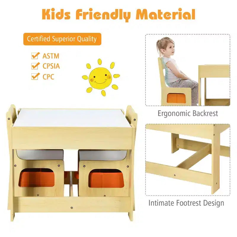 Tavolo e sedie per bambini con contenitori Lavagna Lavagna magnetica Disegno GrigioNatura