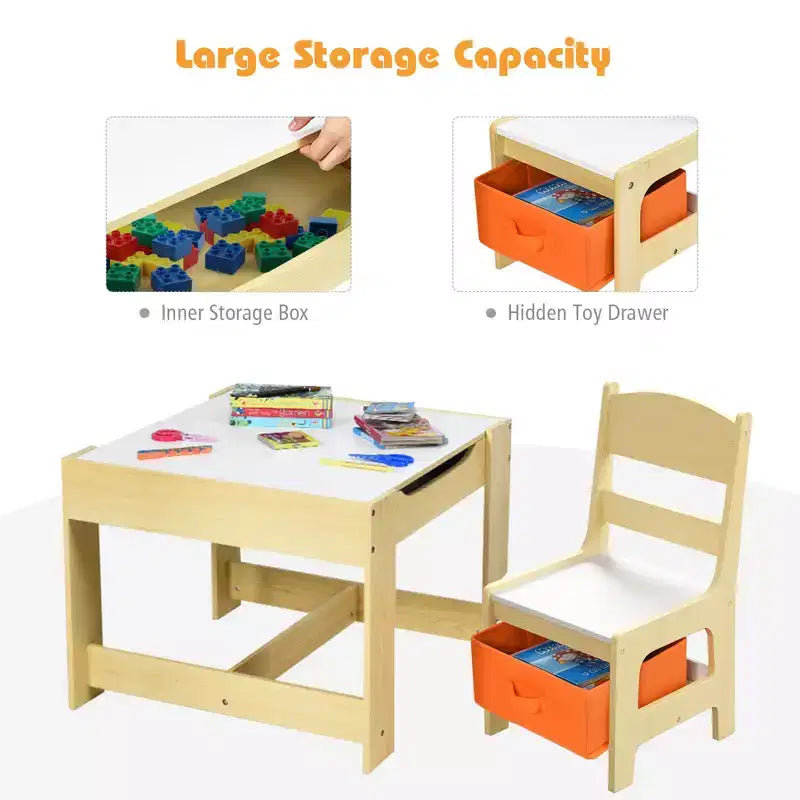 Tavolo e sedie per bambini con contenitori Lavagna Lavagna magnetica Disegno GrigioNatura