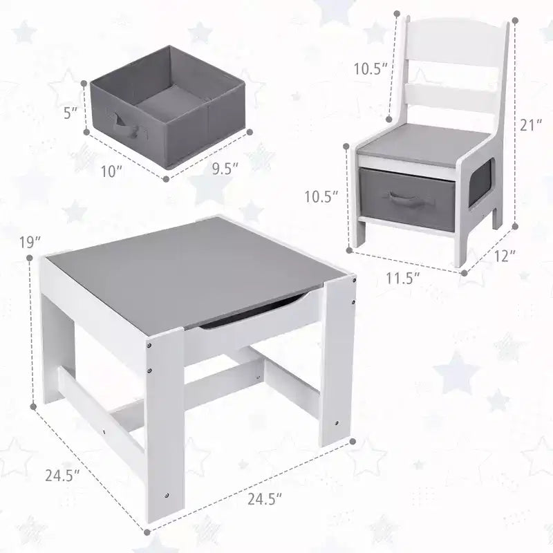 Tavolo e sedie per bambini con contenitori Lavagna Lavagna magnetica Disegno GrigioNatura
