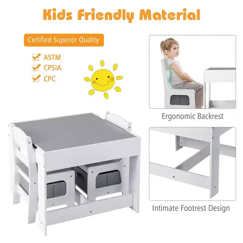 Tavolo e sedie per bambini con contenitori Lavagna Lavagna magnetica Disegno GrigioNatura
