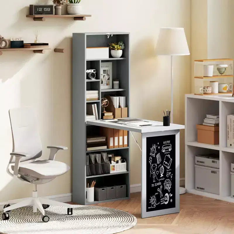 Tavolo da scrittura convertibile pieghevole, mobile scrivania a parete con lavagna e ripiano laterale, postazione di lavoro multi-funzione per ufficio a casa