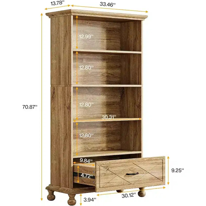 Libreria a 6 ripiani con cassetto, Scaffale autoportante da 180 cm, Espositore aperto per libri