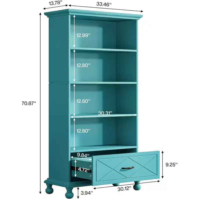 Libreria a 6 ripiani con cassetto, Scaffale autoportante da 180 cm, Espositore aperto per libri