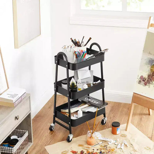 Carrello avvolgibile a 3 livelli, carrello portaoggetti in metallo, carrello da cucina con 2 freni e maniglie, carrello multiuso, facile montaggio