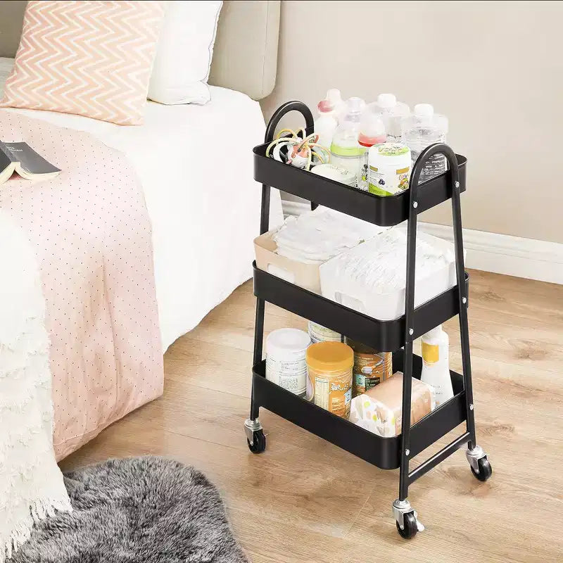 Carrello avvolgibile a 3 livelli, carrello portaoggetti in metallo, carrello da cucina con 2 freni e maniglie, carrello multiuso, facile montaggio